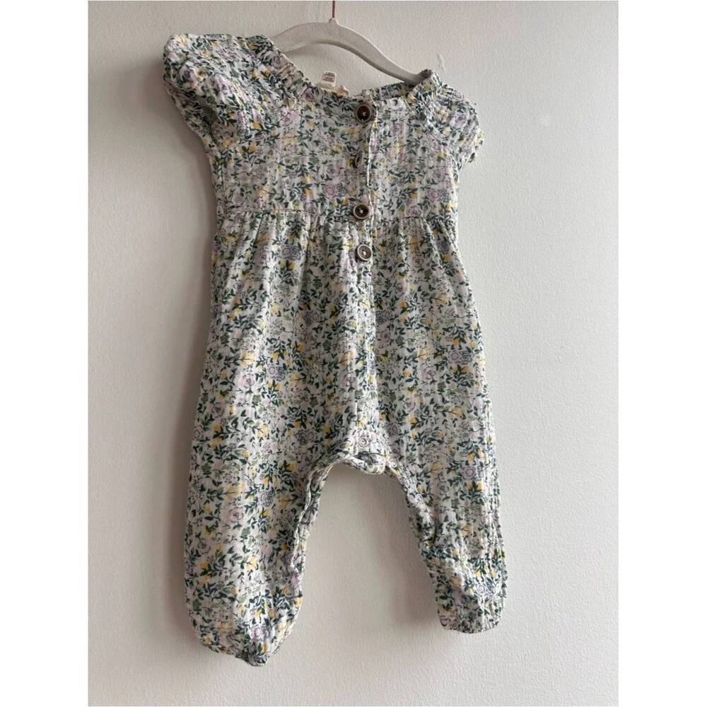 Cotton Floral Button-Front Baby Dress in White, Pink & Yellow